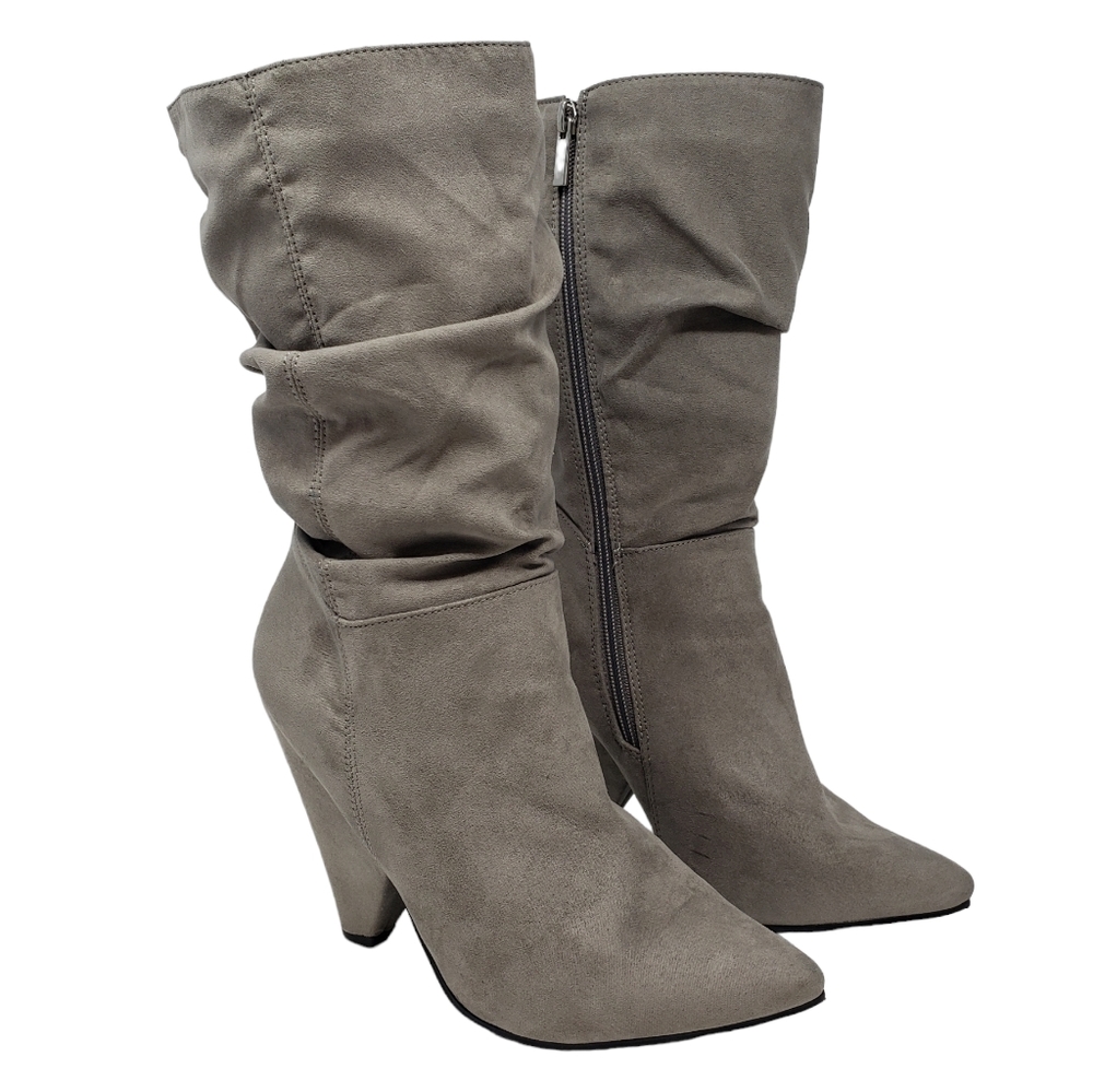 Bamboo Gray Faux Suede Boots Size 9 Pointed Toe Side Zipper Flawed Heel